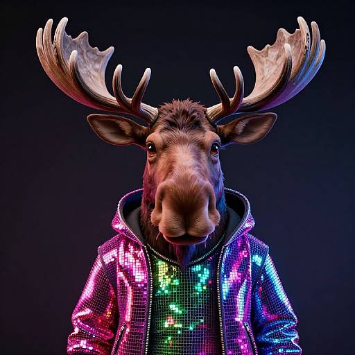 Digital artwork of a moose with large antlers, wearing a vibrant, multicolored sequined jacket, set against a dark blue background.