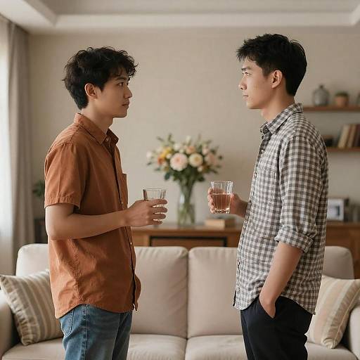 Two Men Conversing in a Cozy Living Room