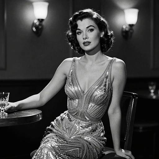 Black-and-white photograph of a 1950s-style woman in a sparkling, deep V-neck sequin dress, sitting at a dimly lit table