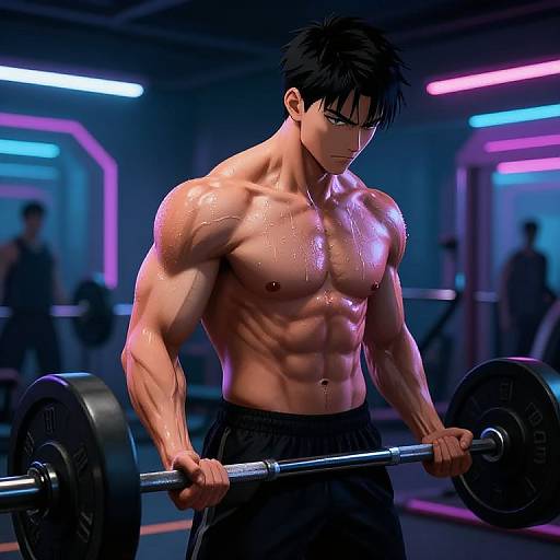 Digital anime-style illustration of a muscular, shirtless male with black hair and sweat, lifting a barbell in a neon-lit gym.