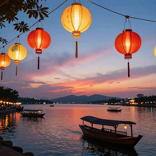 Paper Lantern Festival Over Serene Harbor at Sunset