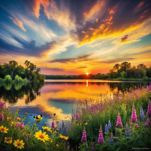Elegant Goldfinch at Sunset by Lake