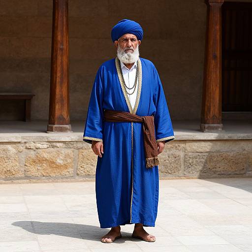 Photograph of an elderly Indian man with a white beard, wearing a royal blue robe, turban, and brown belt, standing barefoot outdoors against