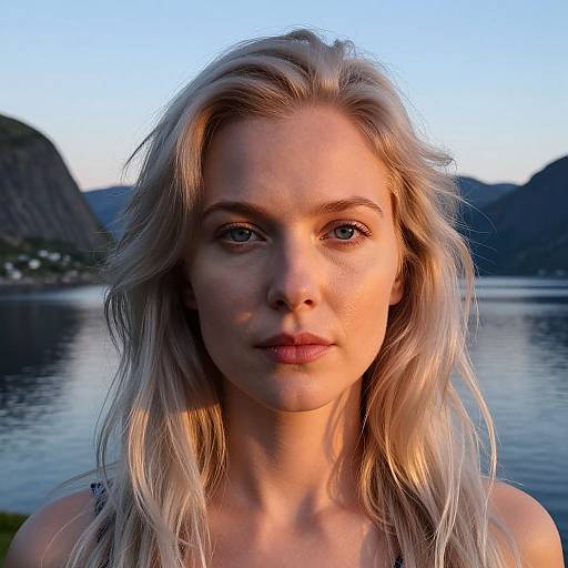 Photograph of a blonde woman with wavy hair, fair skin, and blue eyes, standing by a calm lake at sunset, with mountainous background