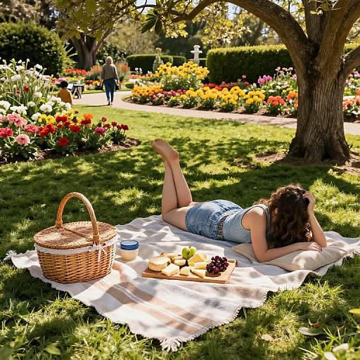 Photograph of a woman in denim shorts and tank top, sunbathing on a white blanket in a colorful garden, with a picnic basket and snacks