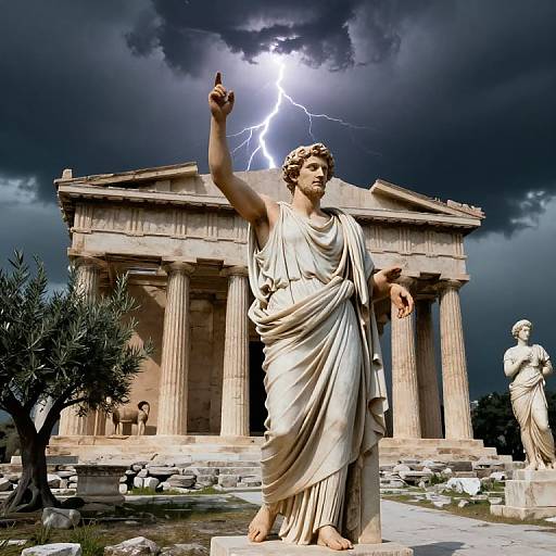 Photograph of a classical Greek statue with a lightning bolt above, pointing upward, in front of a grand temple with dramatic dark clouds and stormy sky