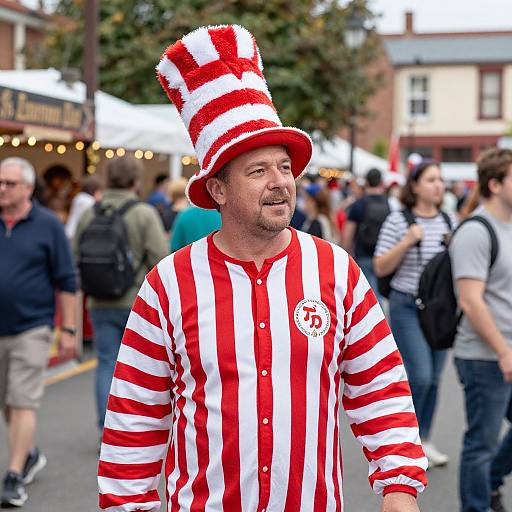 Photograph of a middle-aged man in red and white striped shirt and hat, standing in a bustling street festival.