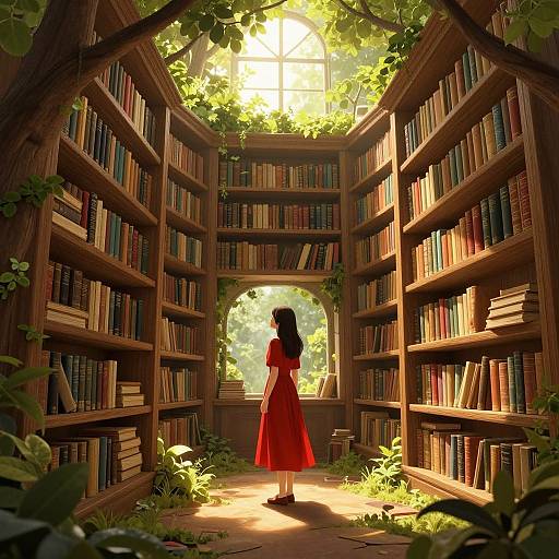 Digitally illustrated scene of a woman in a red dress standing in sunlit, vine-covered library aisle, surrounded by tall, wooden bookshelves.