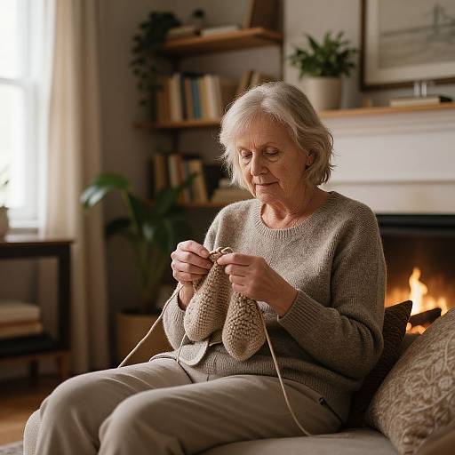 Photograph of an elderly woman with short gray hair, knitting in a cozy living room with a lit fireplace and potted plants.