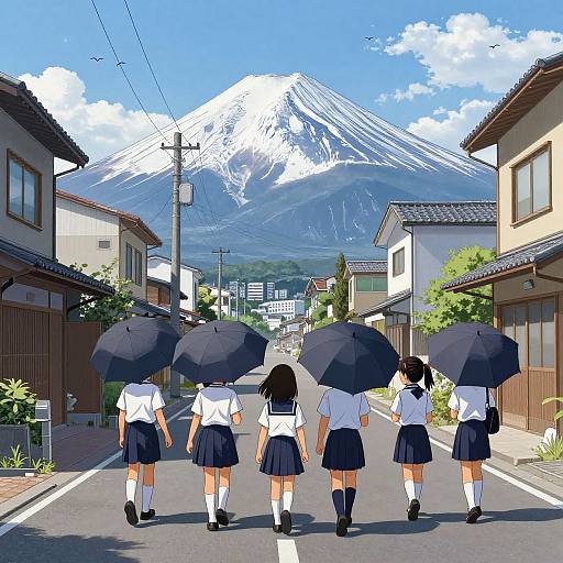 Japanese Schoolchildren by Mount Fuji