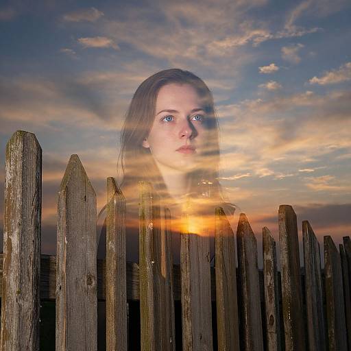 Photograph of a woman's transparent face superimposed on a sunset sky, with wooden fence in foreground, blending natural and surreal elements.