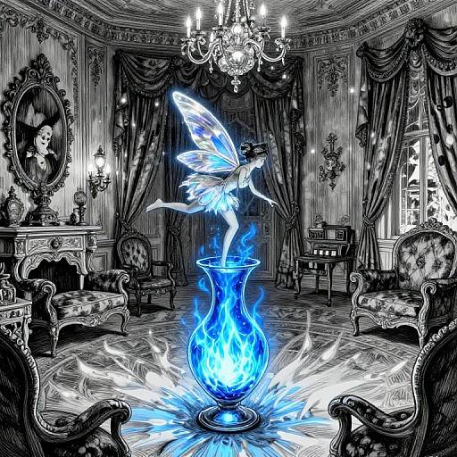 Digital black-and-white illustration of a fairy with glowing blue wings emerging from a blue flame in an ornate, Victorian-style living room.