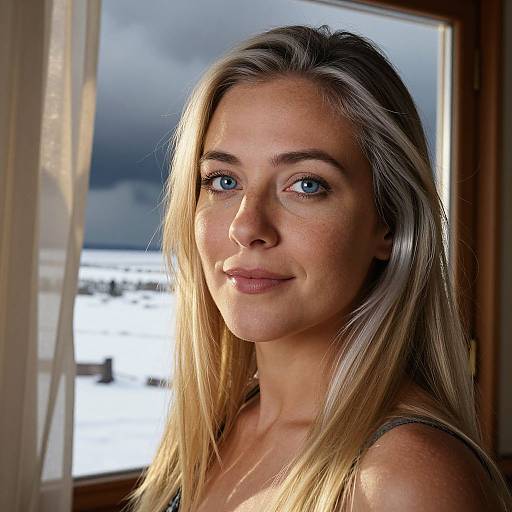 Photograph of a blonde, blue-eyed woman with fair skin, smiling softly, illuminated by sunlight through a window with a snowy landscape outside.