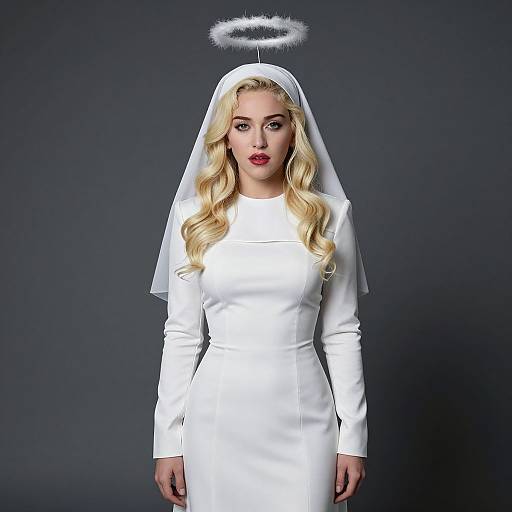 Photograph of a blonde woman with long wavy hair, wearing a white long-sleeve dress and veil, with a halo above her head,