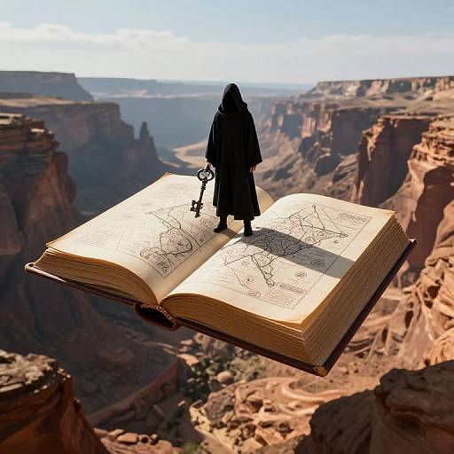 Photorealistic digital art: hooded figure stands on floating, open book with intricate drawings, above vast, sunlit Grand Canyon landscape. Key in