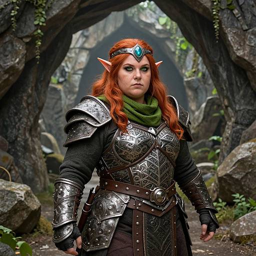 Digital artwork of a red-haired, elfish woman with pointed ears, wearing ornate silver armor, green scarf, and blue gemstone forehead piece,
