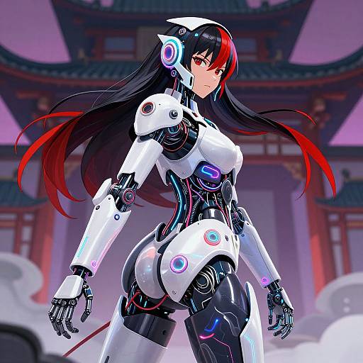 Digital anime-style drawing of a cybernetic woman with long black and red hair, white and black armor, futuristic headset, standing in front of a