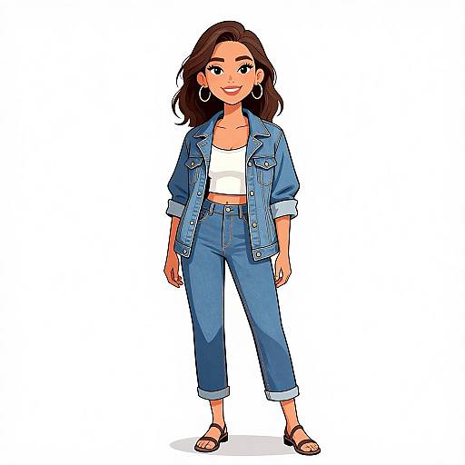 Digital illustration of a smiling woman with brown hair, wearing a denim jacket, white crop top, blue jeans, and sandals.