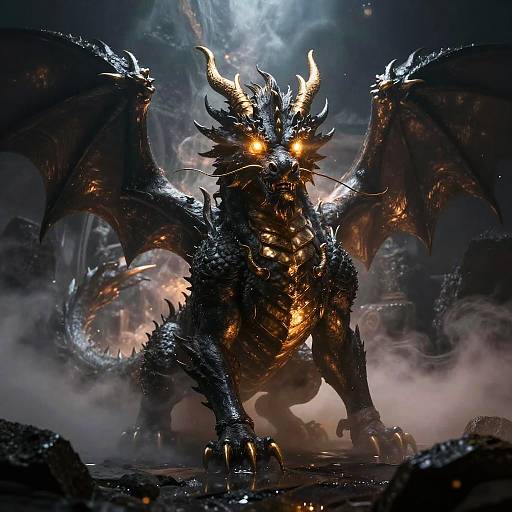 Titanic Obsidian Dragon with Glowing Golden Eyes