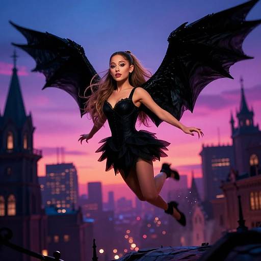 Photorealistic digital artwork of a dark-winged, long-haired woman in a black, feathered dress, leaping over a cityscape at sunset