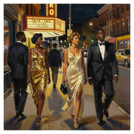 Photograph of three African Americans in evening attire walking on a neon-lit city street at night; two women in gold dresses, one man in a