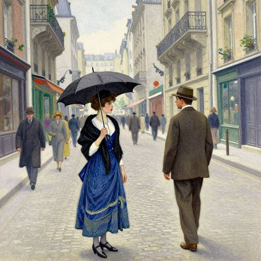 Impressionist-style painting of a cobblestone street; woman in blue dress and black umbrella, man in brown suit and hat, people walking in