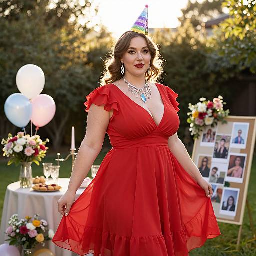 Photograph of a curvy woman with fair skin, wearing a red dress and party hat, standing outdoors at a garden birthday party.
