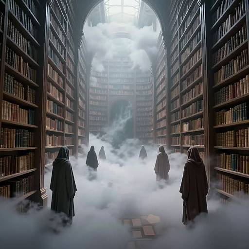 Digital artwork of a foggy, mystical library with cloaked figures standing among towering bookshelves, mist obscuring distant archway.