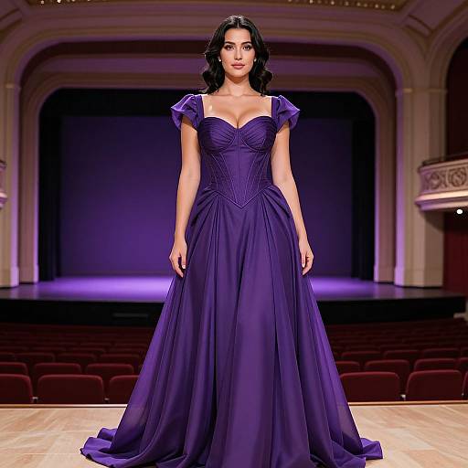 Photograph of a woman with dark curly hair in a deep purple, strapless ball gown, standing on a wooden stage in an ornate theater with