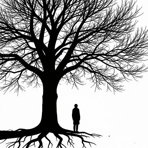 Silhouette of a large, leafless tree with intricate branches; small, human-like figure stands beside it. Black and white digital art.
