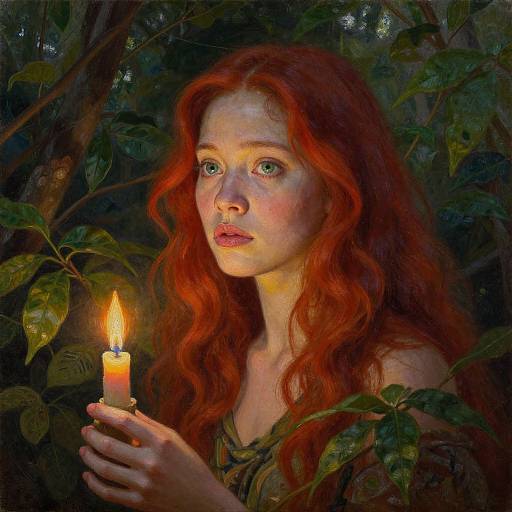 Digital painting of a fair-skinned, red-haired woman with green eyes, holding a lit candle, surrounded by dark green foliage.
