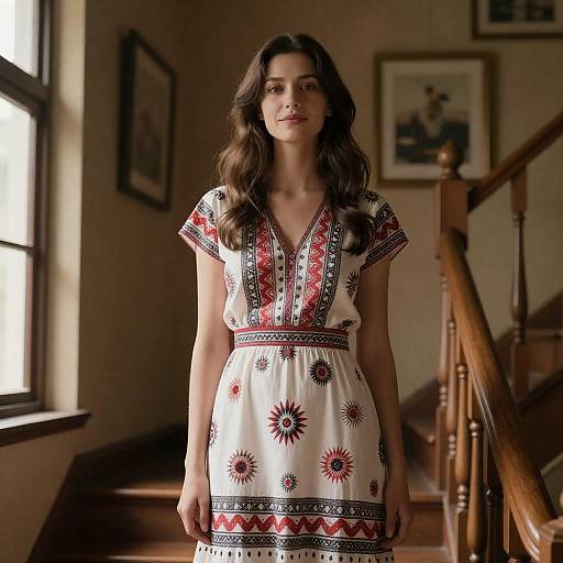 Woman in White Patterned Dress Staircase