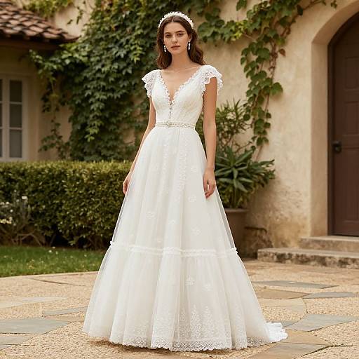 Photograph of a slender, dark-haired woman in a white lace wedding dress with a deep V-neck and cap sleeves, standing outdoors on a stone path