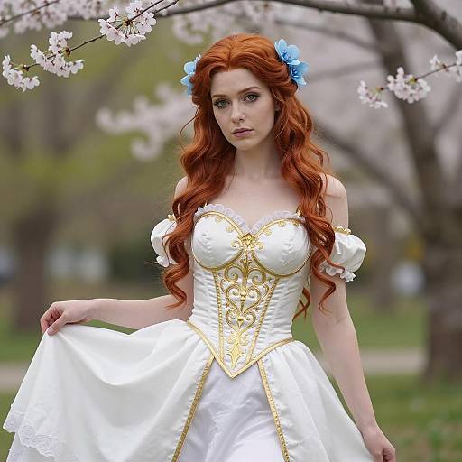 Red-Haired Woman in White and Gold Fantasy Dress Outdoors