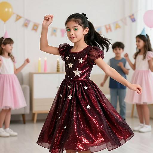 Photograph of an Asian girl with green eyes, black hair in a ponytail, wearing a sparkly black star dress, dancing in a brightly lit