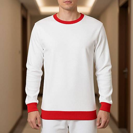 Photograph of a man in a white long-sleeve shirt and white pants with red cuffs and waistband, standing in a brightly lit hallway.