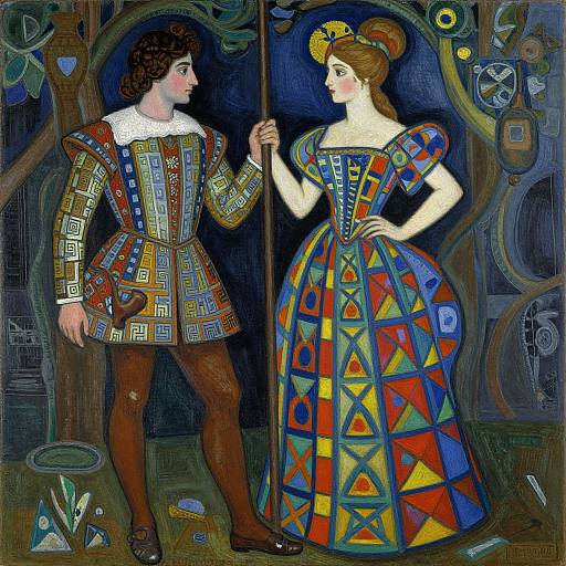 Vivid Renaissance-style painting of a curly-haired man in patterned doublet and hose, holding a staff, facing a red-haired woman in a colorful