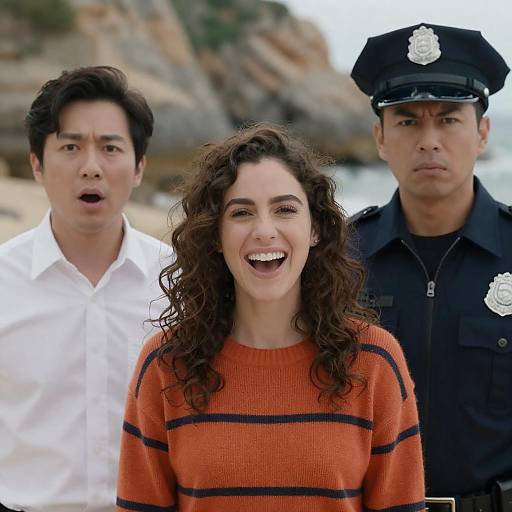 Three People on Rocky Beach with Varied Expressions