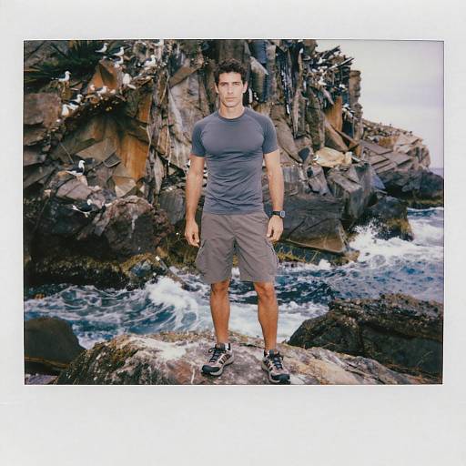 Photograph of a fit, muscular man with short black hair, wearing a gray t-shirt, gray shorts, and black sneakers, standing on rocky coastline