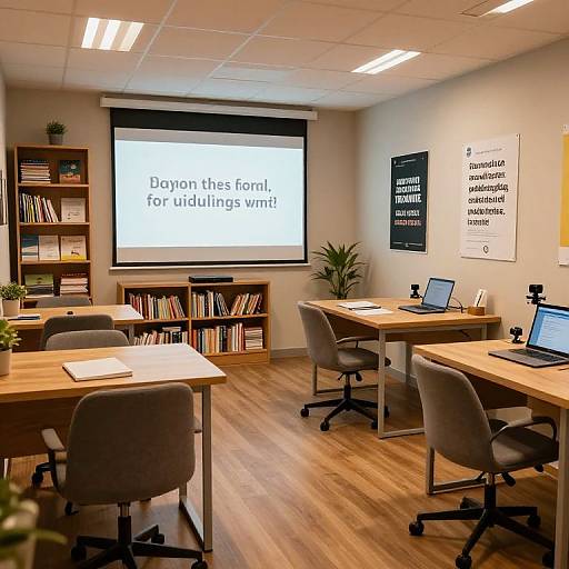 Photograph of a modern office conference room with wooden floors, gray chairs, laptops, bookshelves, projector screen displaying 