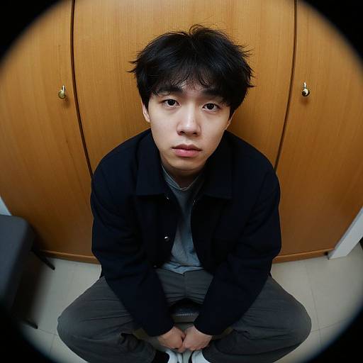 Photograph of an Asian man with black hair and bangs, wearing a black jacket and gray shirt, kneeling in front of wooden cabinets, looking up