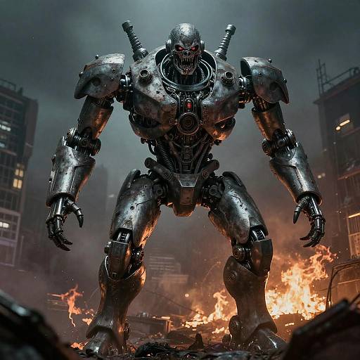 Giant Cyborg in a Burning Cityscape