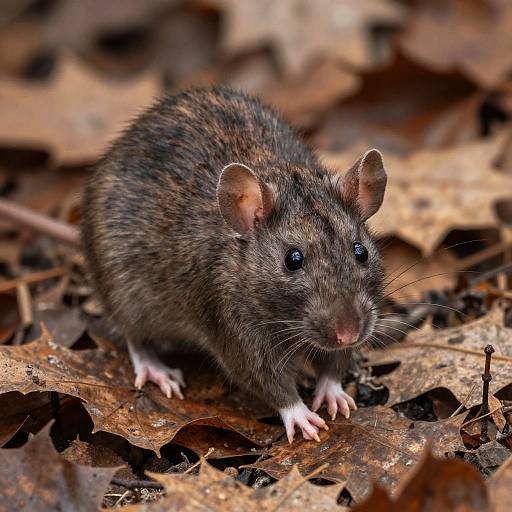 Photograph of a brown, fuzzy, small mouse with black eyes and pink paws, standing on a bed of dry, brown leaves.