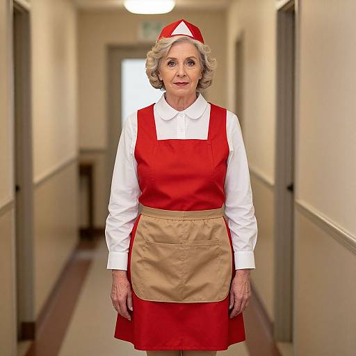 Photograph of an elderly white woman with short curly gray hair, wearing a red uniform dress with white shirt, beige apron, and red cap,