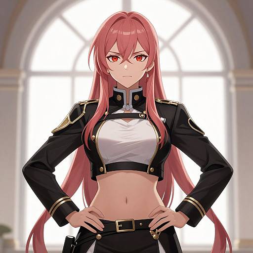 Digital anime-style drawing of a confident, red-haired woman with long hair, red eyes, and a black military-style crop jacket, hands on hips,