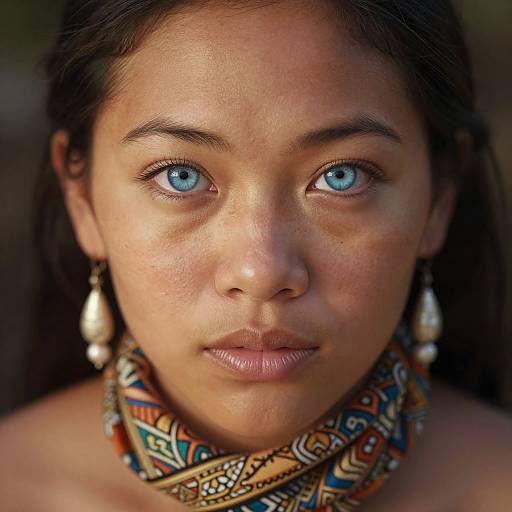 Photograph of a young woman with striking blue eyes, dark brown hair, and wearing colorful, patterned necklace and teardrop earrings, looking directly