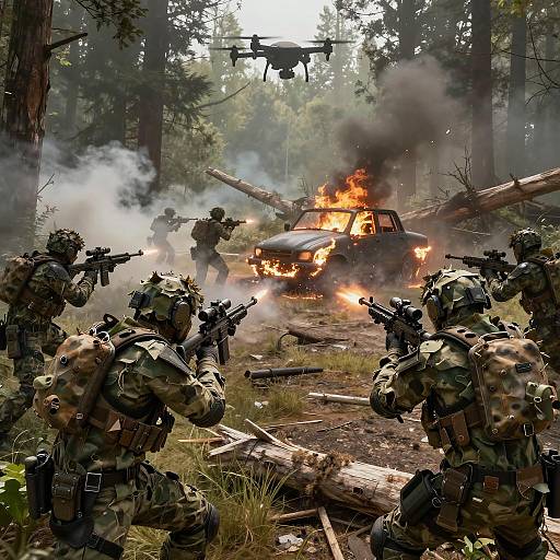 Intense Military Firefight in Forest with Burning Car and Drone View