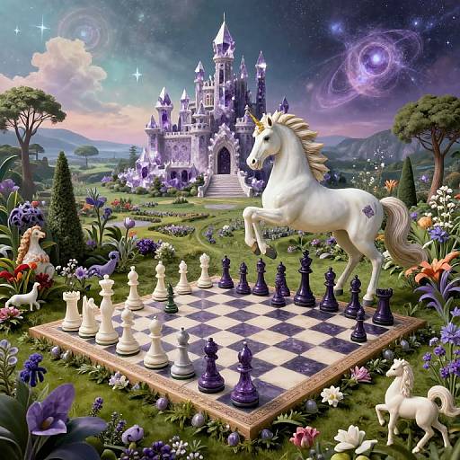 Fantasy illustration: White unicorn with purple star tattoo mid-leap over a black-and-white chessboard, surrounded by vibrant flowers, near a glowing,