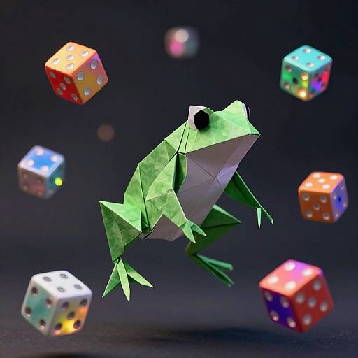 Photograph of a green origami frog surrounded by colorful, floating dice with numbers and dots, set against a dark background.