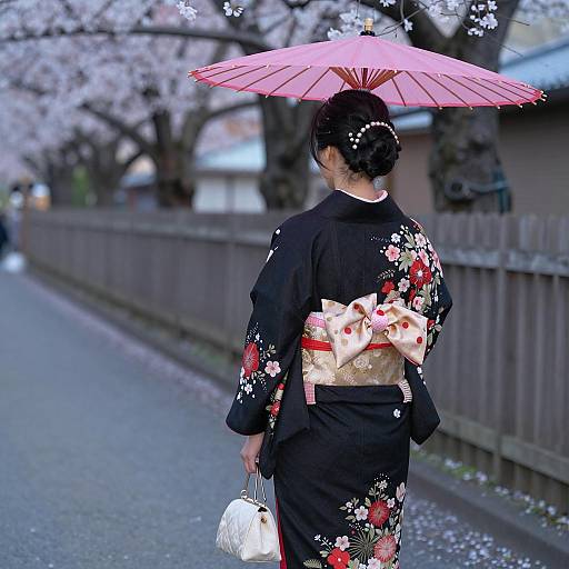 Japanese Woman in Traditional Kimono with Pink Umbrella